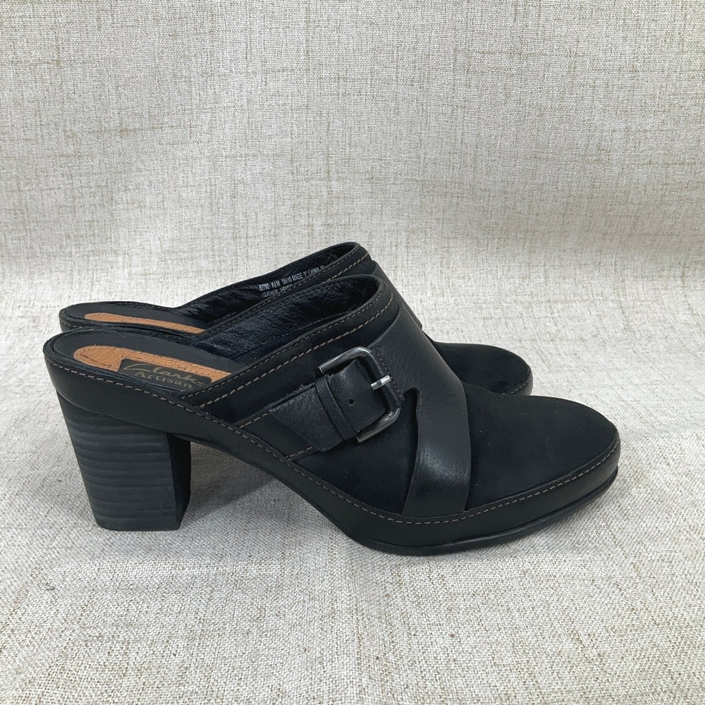 Clarks Artisan Mules Womens 8.5 Black Leather Buckle Block Heel Clogs